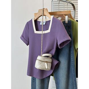 百搭撞色方领正肩短袖 2026夏装 女时尚 胖mm大码 T恤 新款