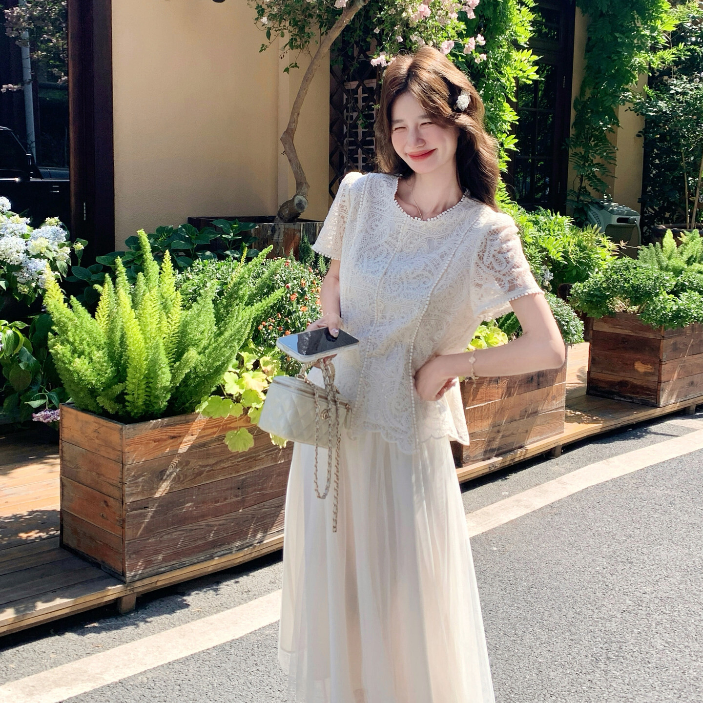 温柔千金风珍珠镶边蕾丝短袖多层网纱半身长裙氛围感仙女两件套
