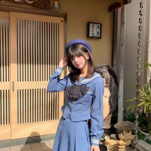 梗豆物语水玉熊本蓝水手服中间服显JK制服学院波点套装女