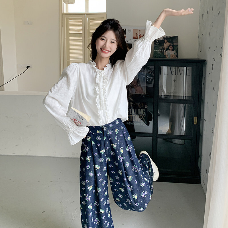优质长裤精品常规疯狂促销透气秋季新款仙女衬衫碎花牛仔裤套装