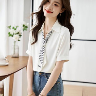 新款 法式 厅里厅气衣服女2026夏季 衬衫 缎面职业通勤上衣 飘带短袖