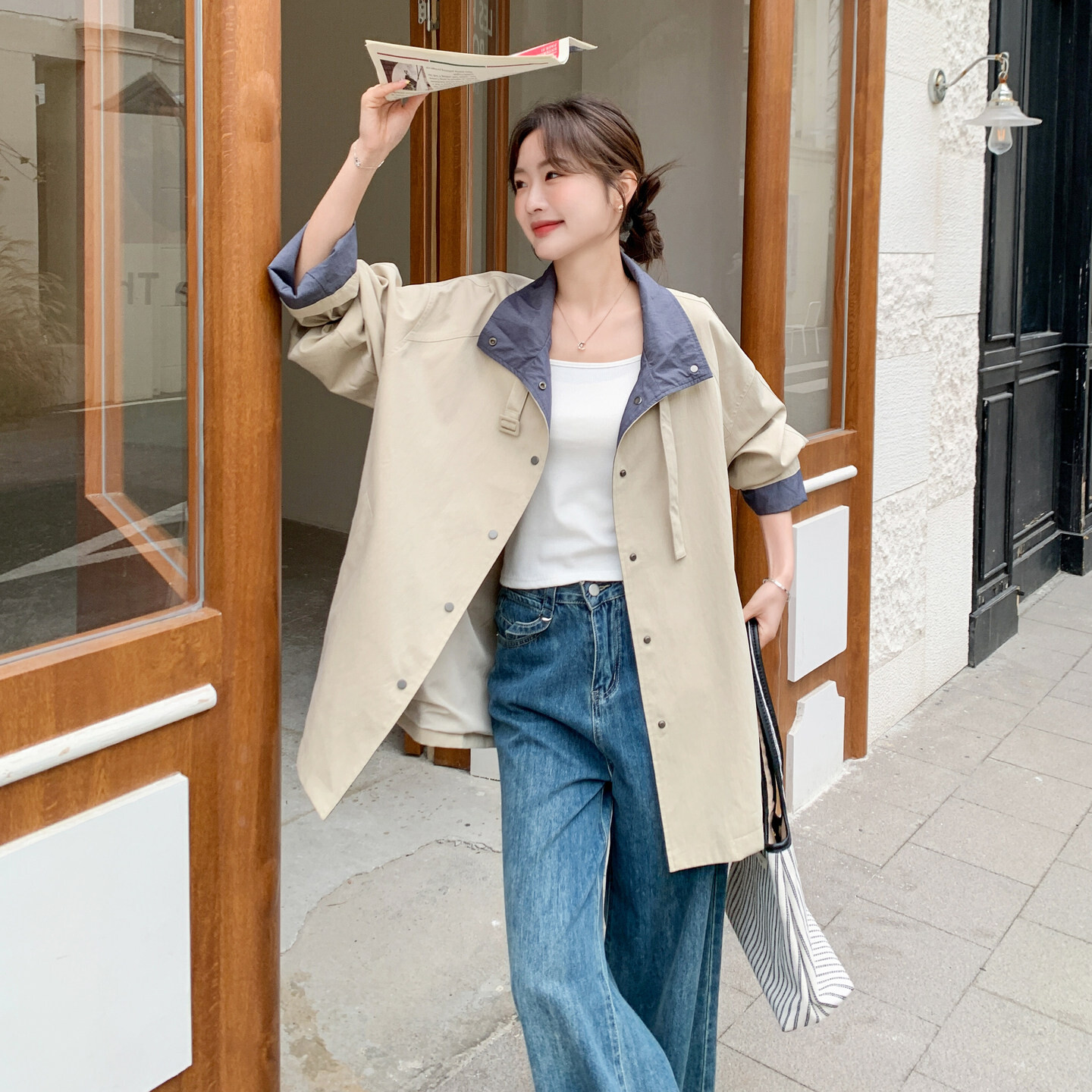 韩版立领优质撞色拼接风衣女春新款修身显瘦中法式翻领通勤外套