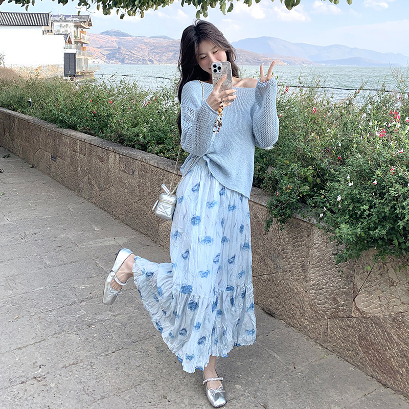 温柔优质系穿搭镂空针织上衣半身裙套装女春季新款绝美减龄两件套