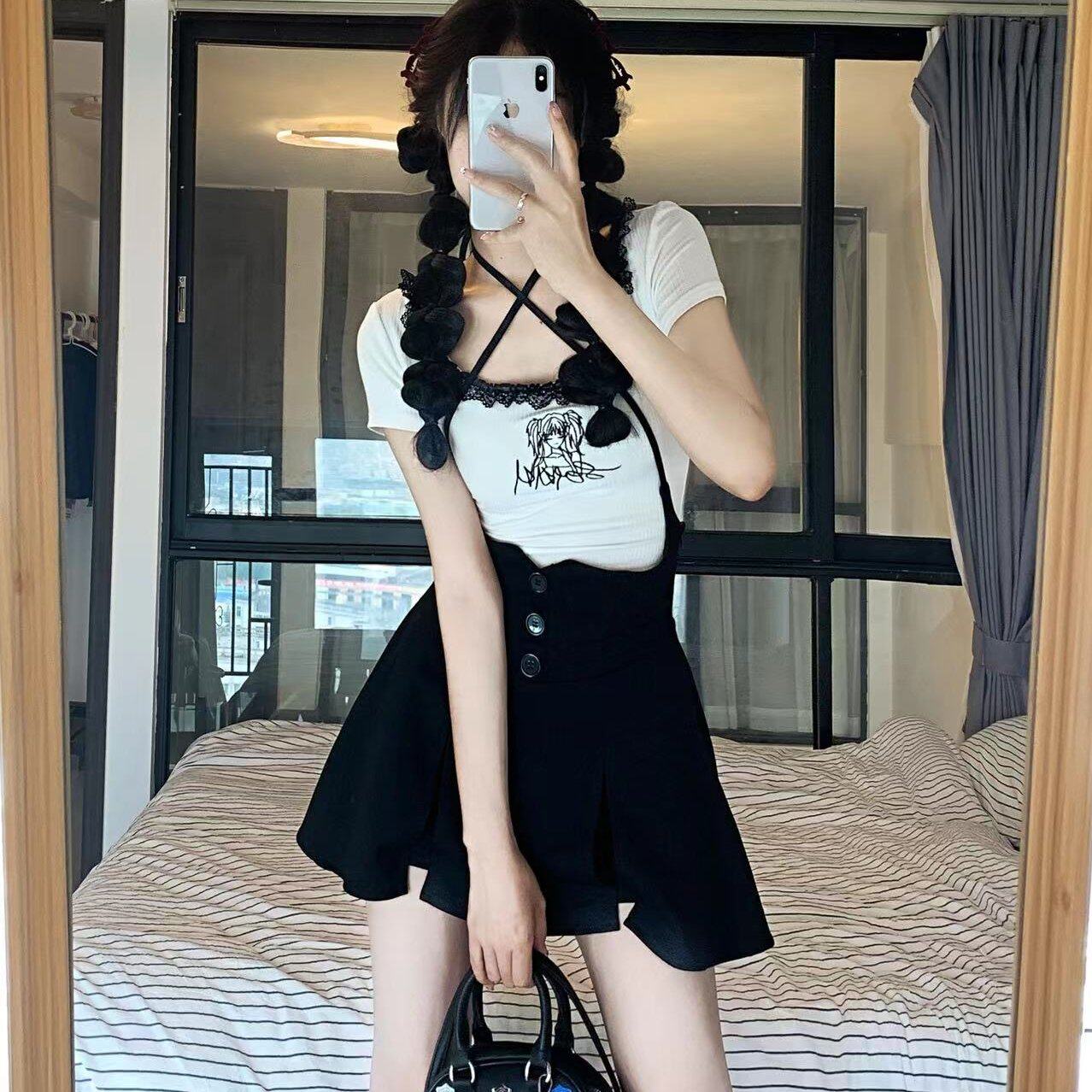 蕾丝拼接上衣女夏季新款学生纯欲短袖印花T恤背带下裙