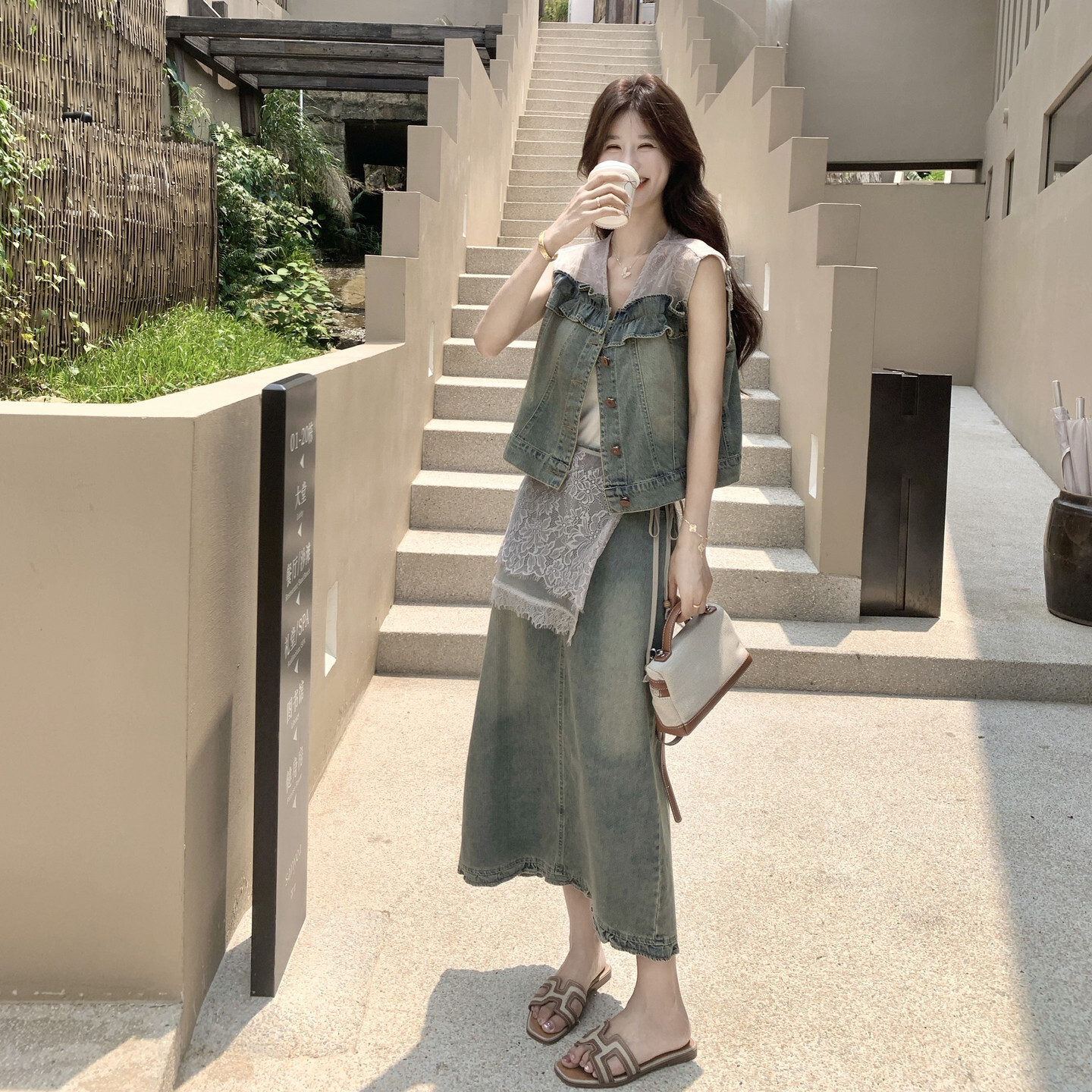 韩系甜酷风蕾丝花边牛仔马甲毛边鱼尾半身裙套装女夏季复古两件套