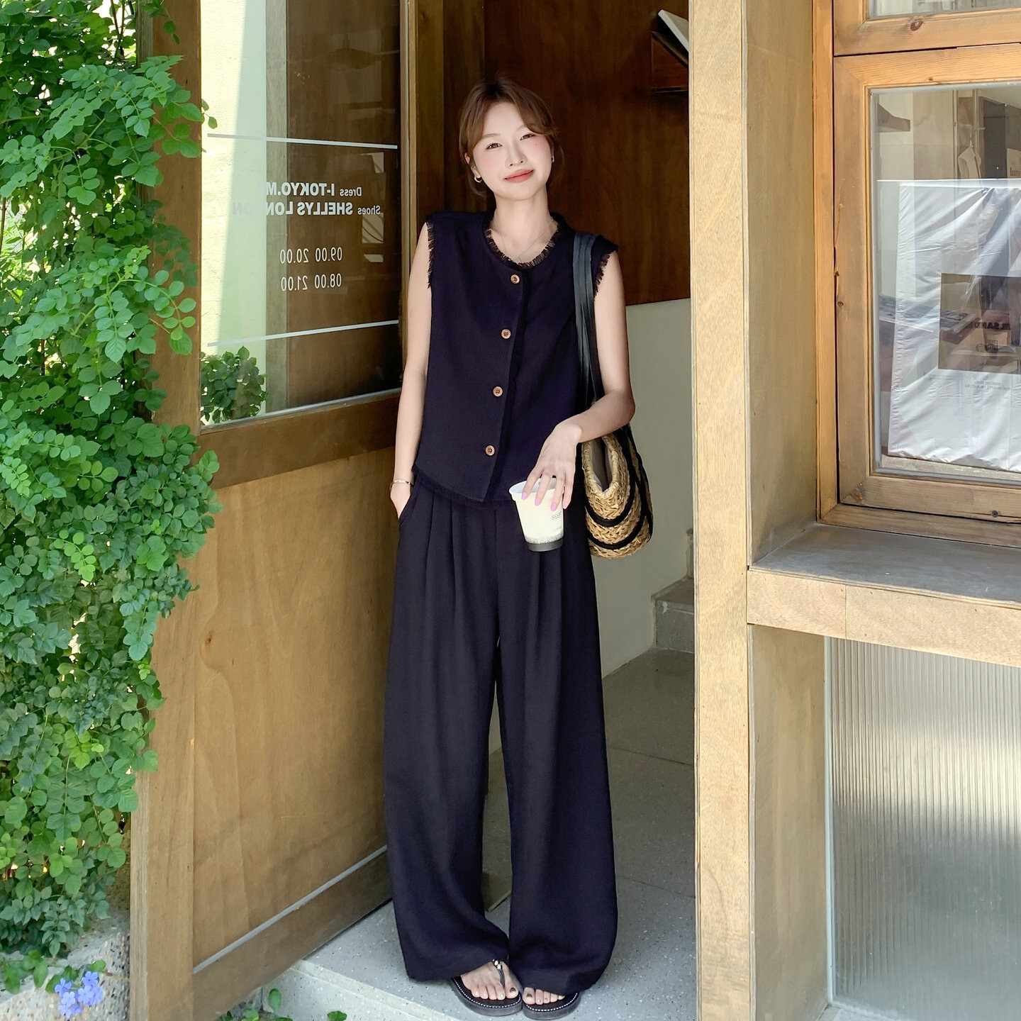 流苏新款上市小香风黑色马甲阔腿裤套装女款通勤气质ootd两件套