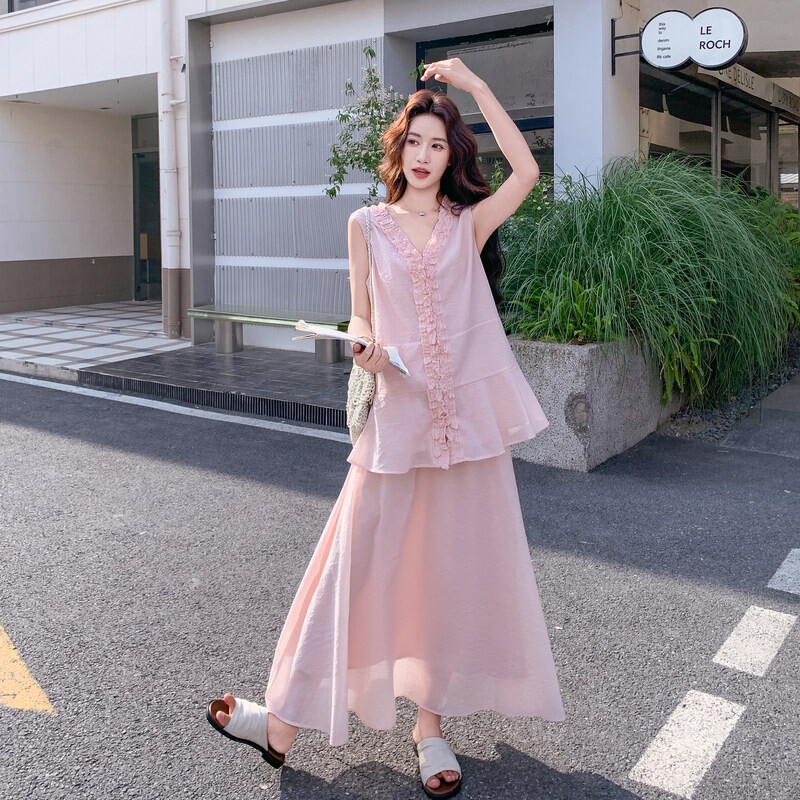 夏季新款甜美木耳边温柔减龄背心套装女粉红色两件套百搭款