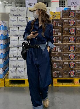 秋季新款上市大图优质常规精品高腰新增撞色牛仔连体裤送腰带