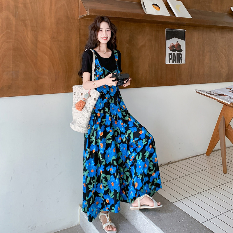 阔腿裤百搭黑T两件套装花朵印花夏季背带裤女装短袖2026年
