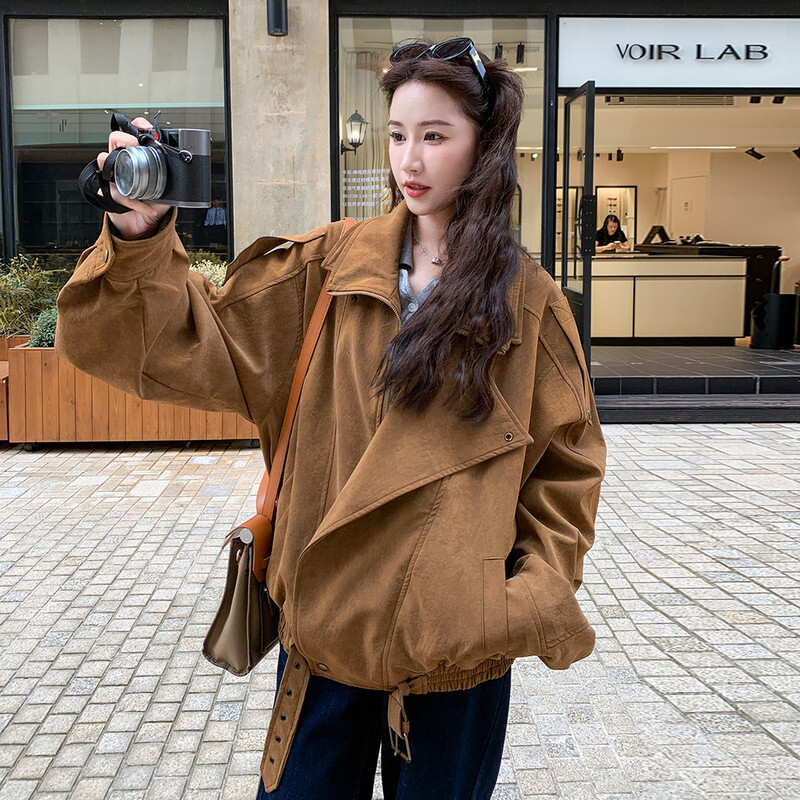 美拉德清仓驼色麂皮绒外套女秋季慵懒风宽松机车炸街夹克上衣