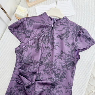 凌茜恣禾紫陌新中式紫色改良旗袍连衣裙女夏季蝴蝶印花长裙