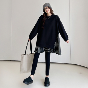 秋冬中长款大码欧洲站学院风拼接竖条纹假两件长袖卫衣
