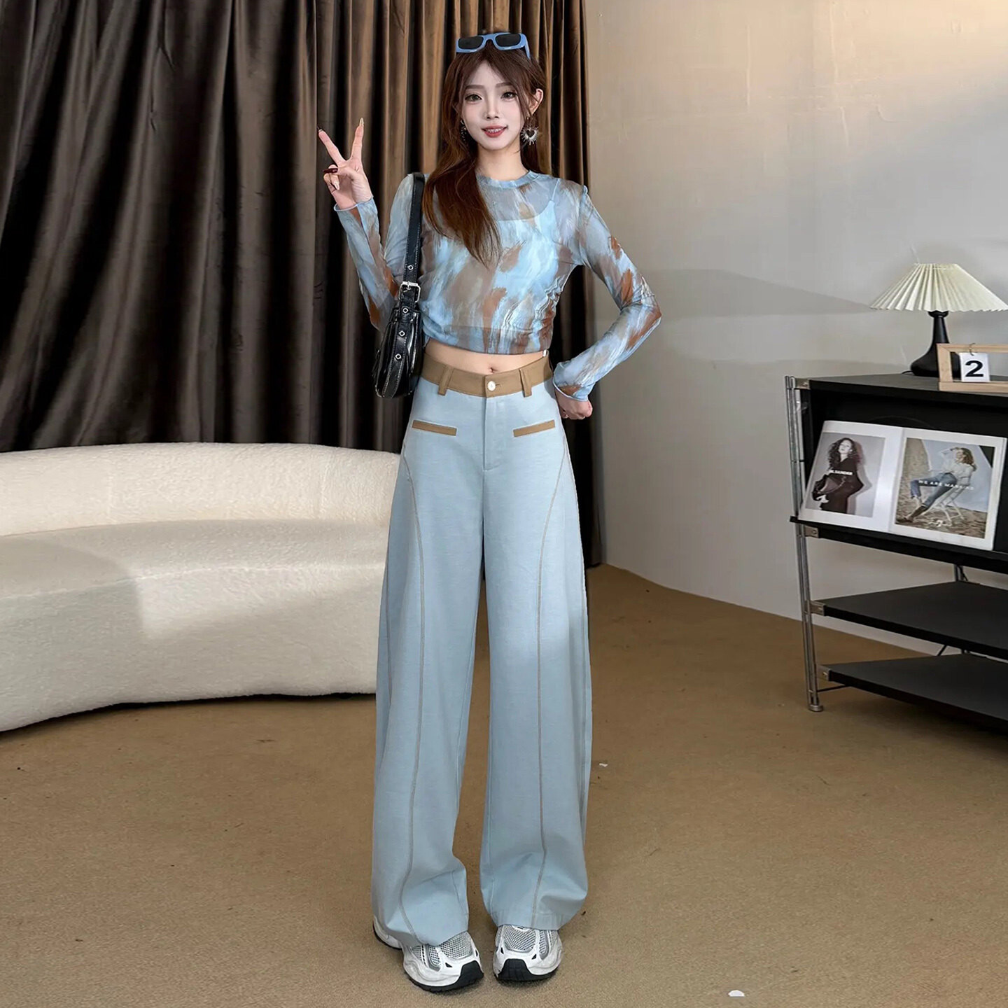 女夏季新款时尚减龄套装圆领晕染网纱印花长袖上衣阔腿长裤两件套