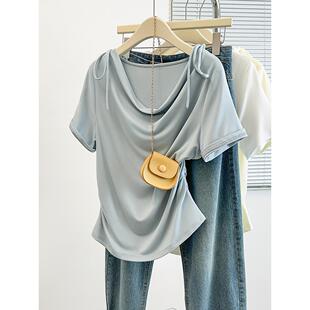 短袖 2026夏装 女纯欲甜美荡领一字肩修身 胖mm大码 上衣 新款