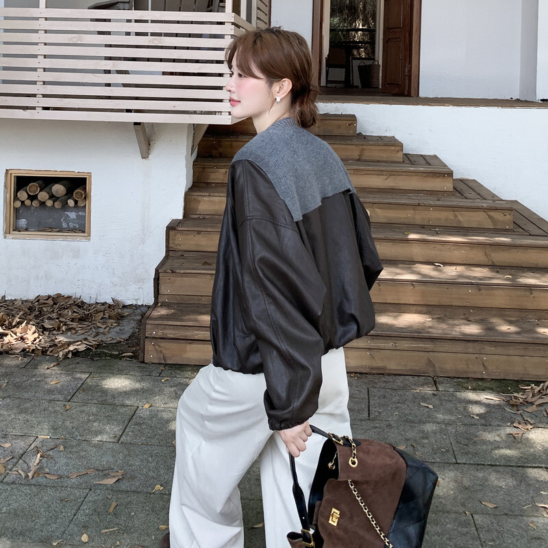廓形显瘦优质圆领衣外套女秋季新款又酷又飒复古小个子pu皮夹克