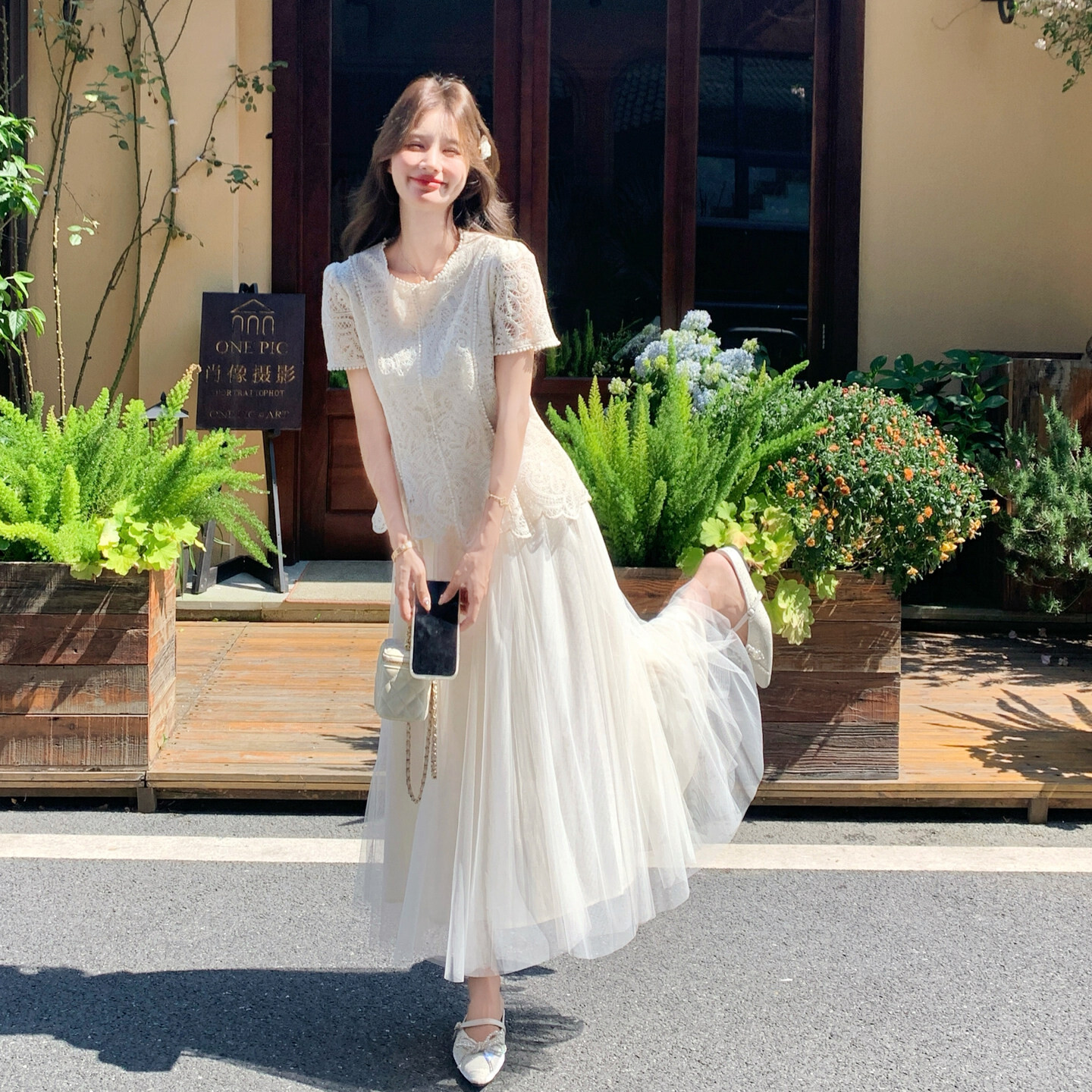 温柔千金风珍珠镶边蕾丝短袖多层网纱半身长裙氛围感仙女两件套