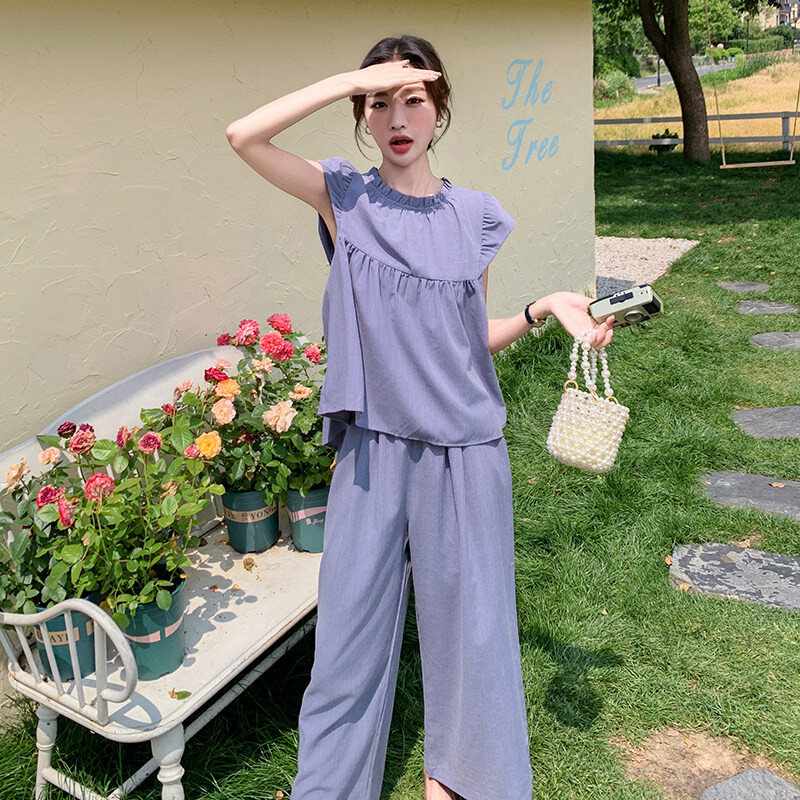 套装女夏气质飞飞袖上衣阔腿长裤两件套高腰荷叶边三件套阔腿裤