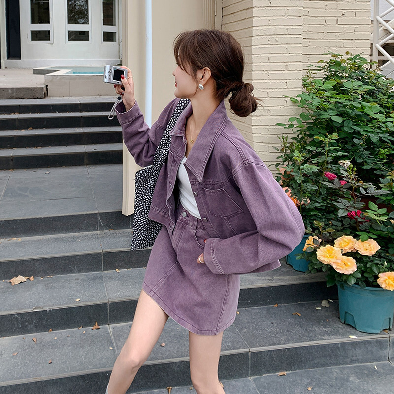 紫色新款上市2025年春季优质两件套精品短裤牛仔外套半身裙套装