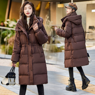 宽松冬季收腰加厚超厚实女新款90白鸭绒抽绳连帽羽绒服过膝长款