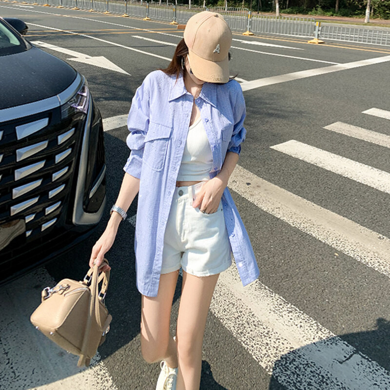 女春季新款时尚运动休闲百搭单排扣宽松气质蓝色洋气中长款衬衣潮
