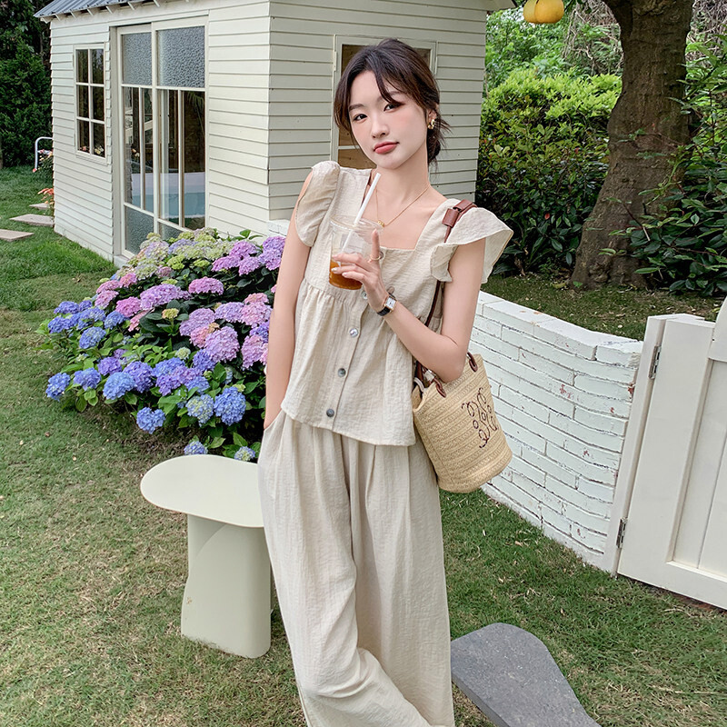韩系新款松弛感棉麻套装女夏季小飞袖上衣阔腿裤出游拍照两件套
