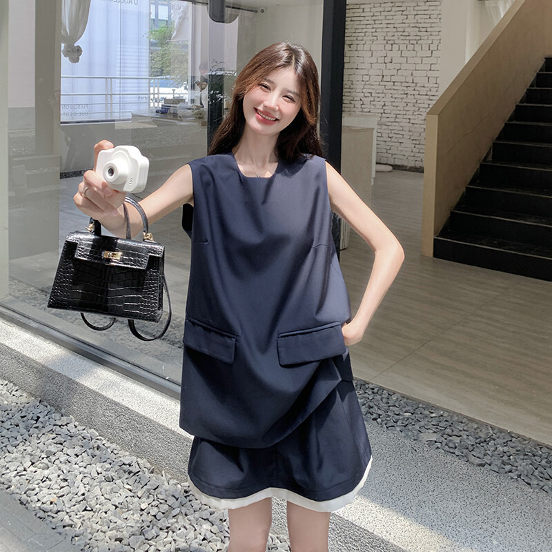藏青色新款上市韩系休闲气质两件套女款时尚无袖上衣显瘦短裙套装