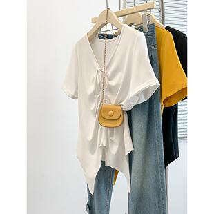 新款 抽绳折皱显瘦短袖 胖mm大码 时尚 T恤 女韩版 2026夏装