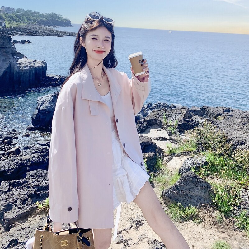 新款复古优质宽松型美洋精品落肩袖显瘦出甜美粉色风衣外套