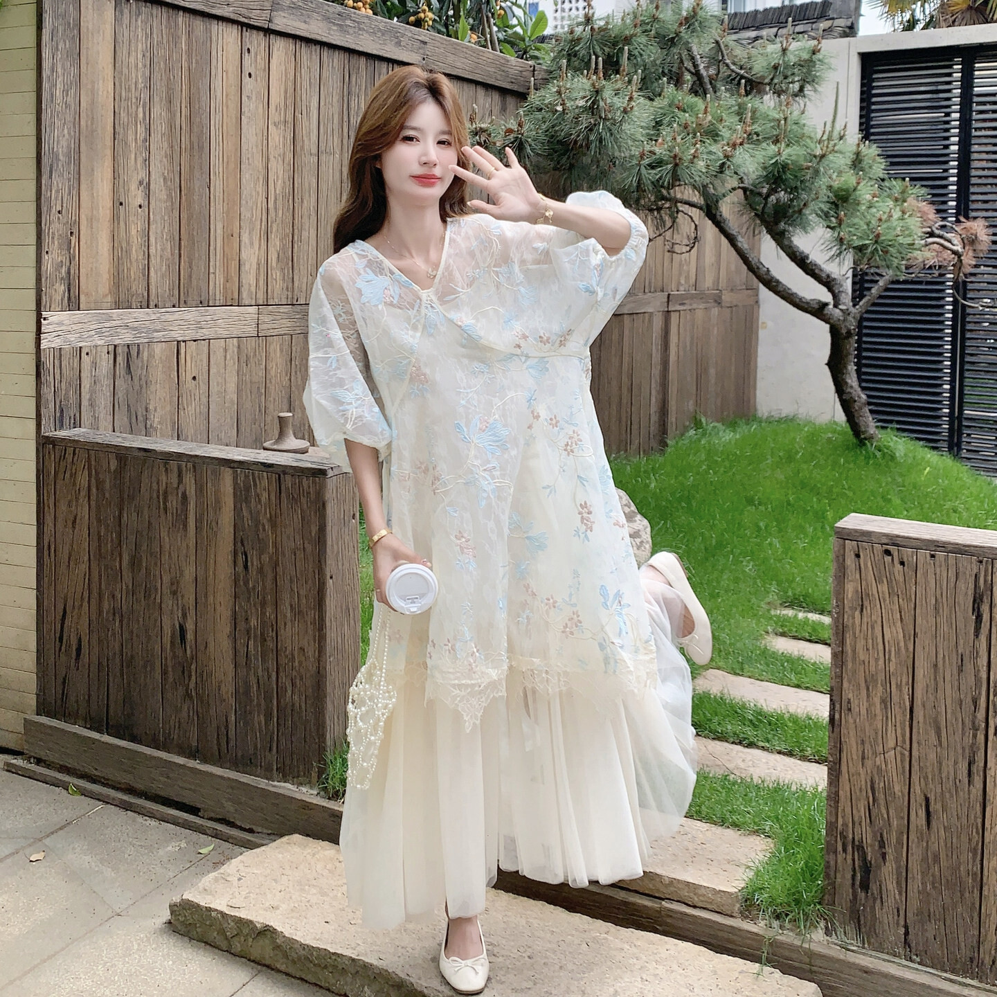宽松新款上市休闲高级感优质仙女裙女夏款蓝白复古网纱套装裙