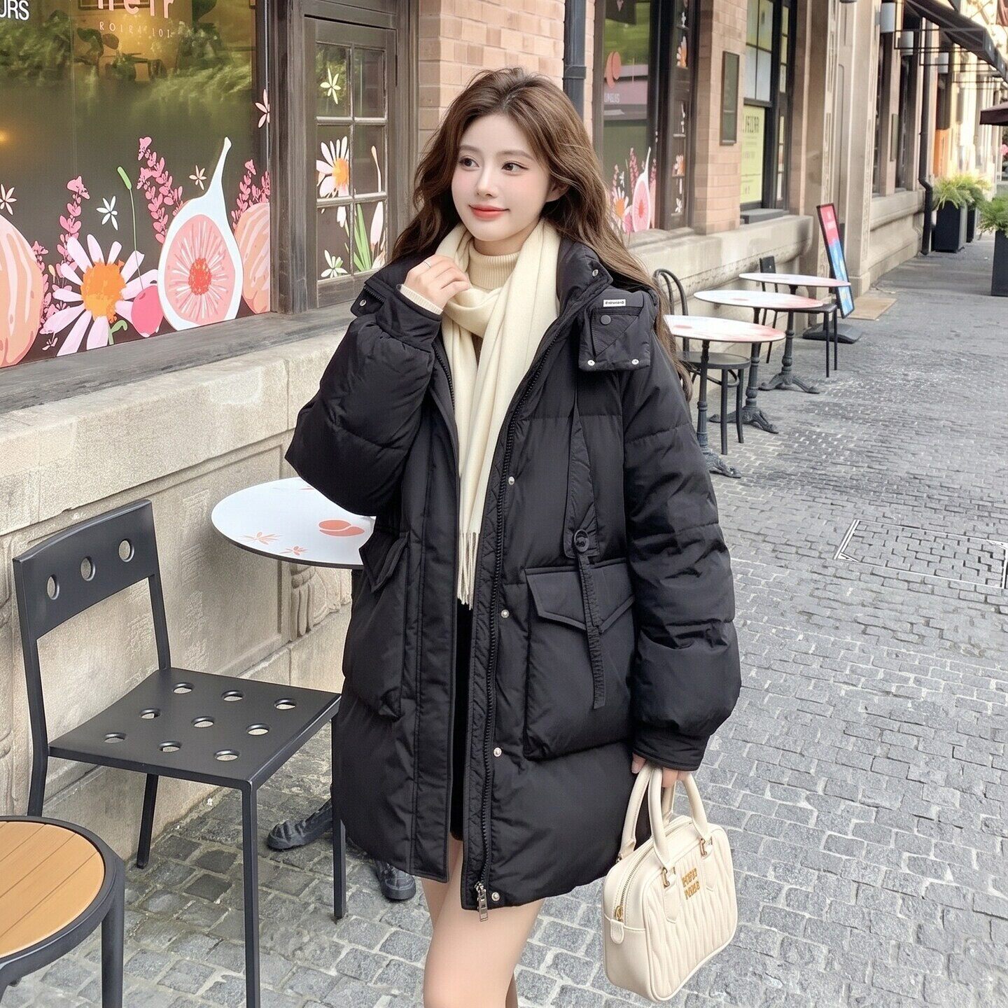 冬季韩版连帽羽绒服女中长款白鸭绒宽松抽绳收腰大口袋显瘦外套