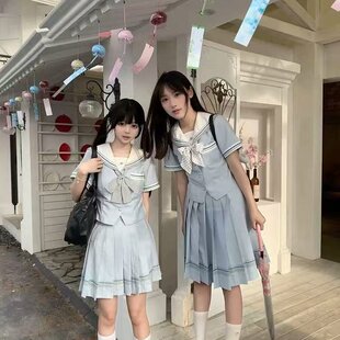 女 套装 lulucake小栀收腰jk制服水手服夏季 蓝色学院风短袖