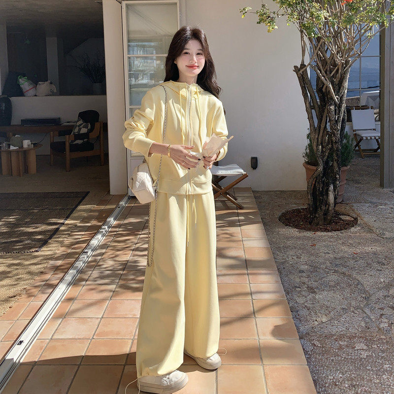 新品宽松春简约时尚休闲小个子套装女连帽拉链卫衣束脚裤两件套