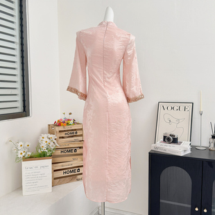 凌茜恣禾甜月香新中式珠光提花改良旗袍早秋旗袍领镂空连衣裙