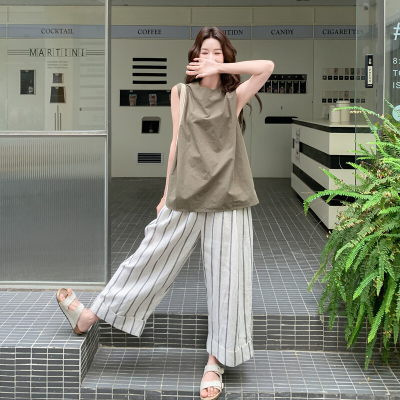 长裤优质九分裤条纹精品两件套韩版夏季新款炸街慵懒休闲套装
