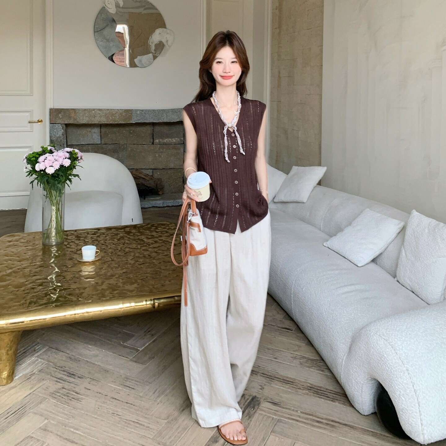 森系文艺风深咖色V领镂空针织背心垂感亚麻肌理阔腿裤女夏两件套