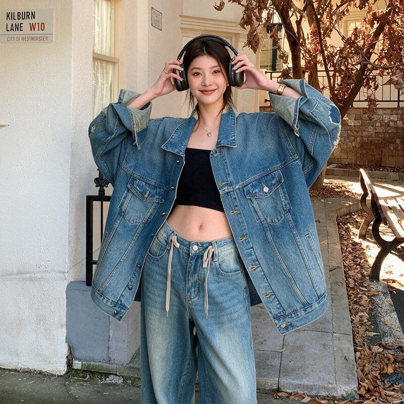 秋装小个子新款上市休闲风时髦复古宽松水洗磨破重工流行外套女