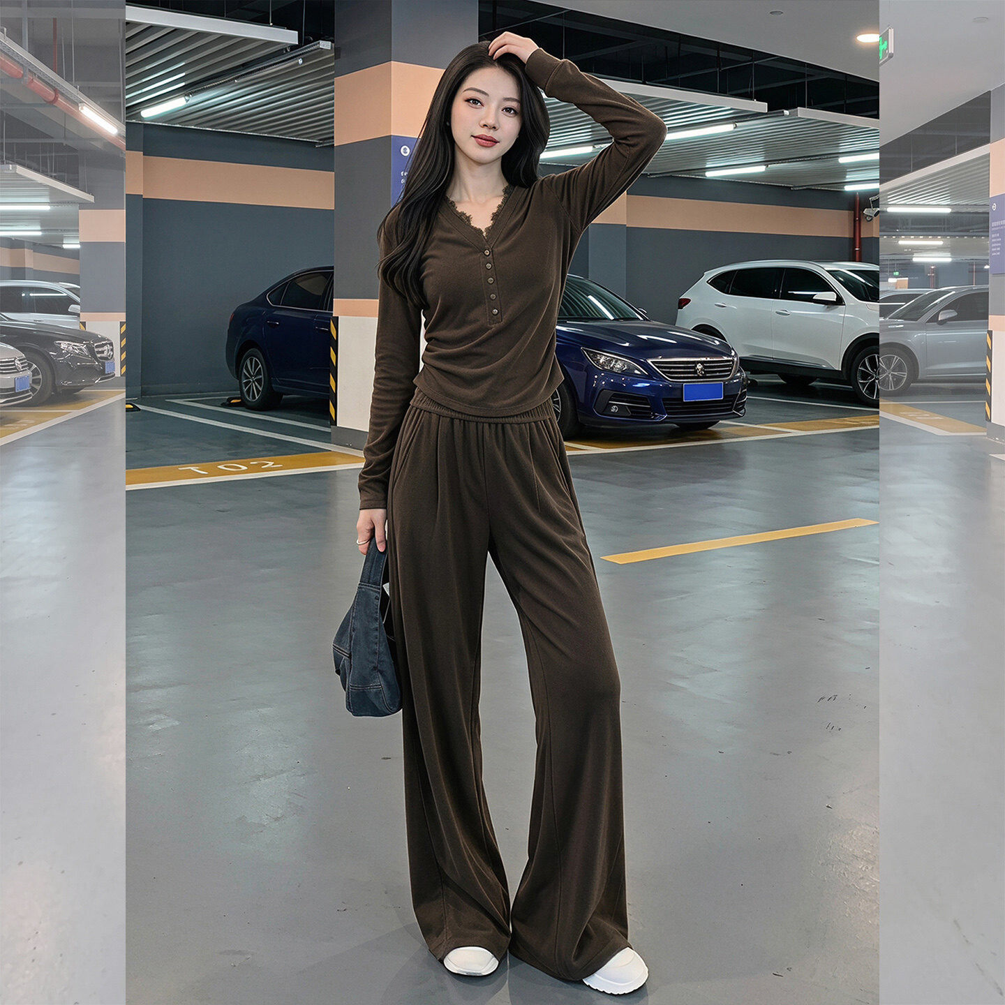 韩版气质显瘦套装秋季新款女蕾丝领纽扣装饰上衣直筒长裤两件套