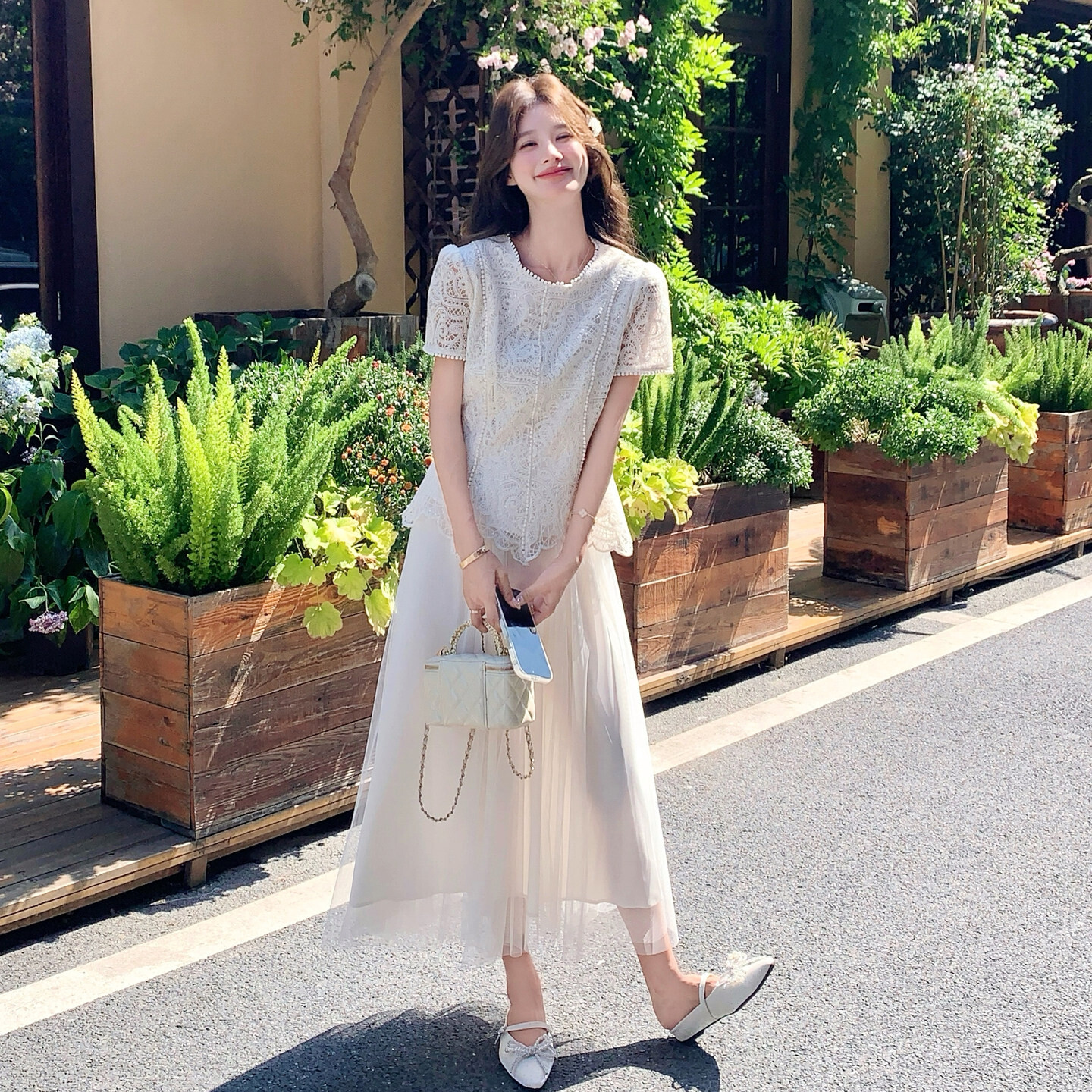 温柔千金风珍珠镶边蕾丝短袖多层网纱半身长裙氛围感仙女两件套