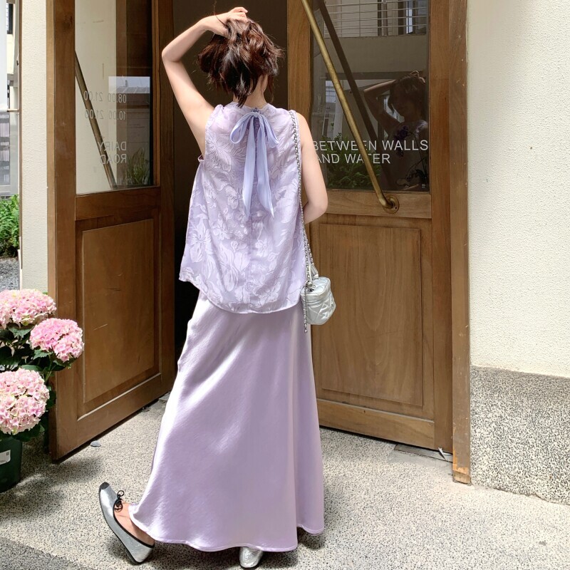 夏季优质精品疯狂促销新款上市紫色印花结国风吊带连衣裙两件套