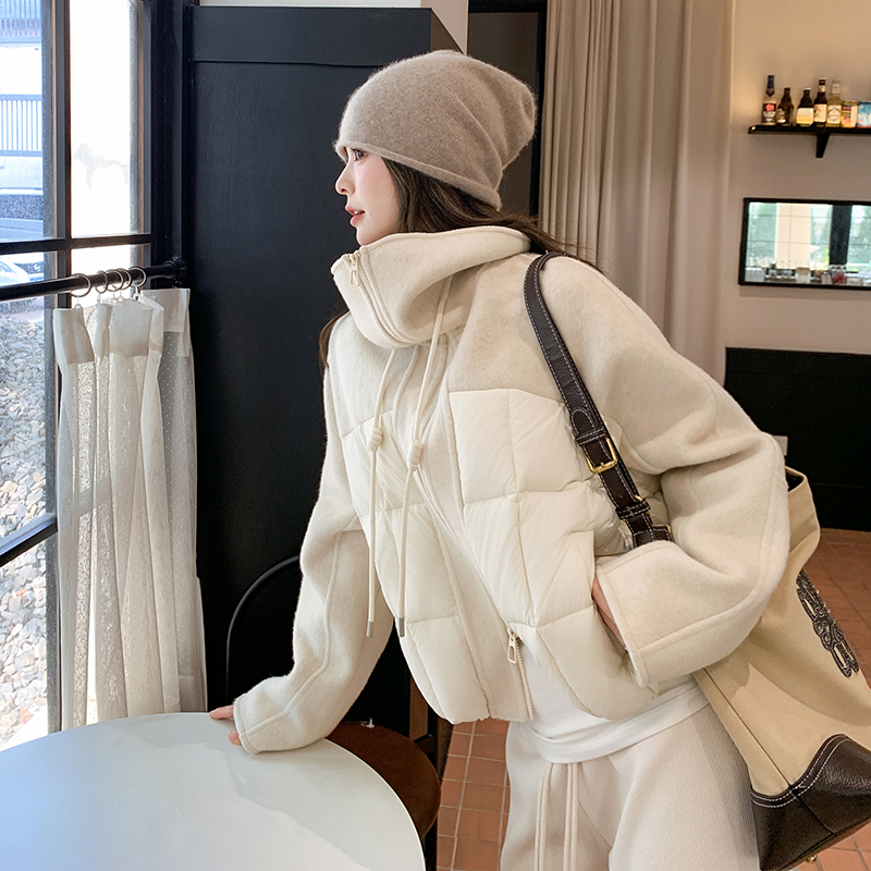 韩版时尚双面呢拼接羽绒服女2025冬季新款显瘦加厚90白鸭绒短外套
