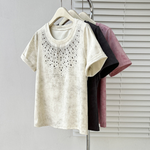 女简约休闲设计感重工烫钻正肩短袖 胖mm大码 T恤 新款 2026夏装