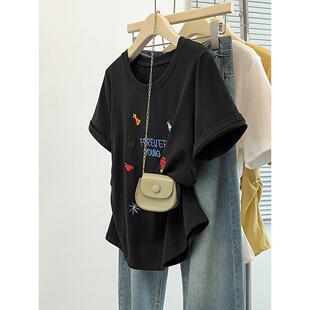 女甜美刺绣卡通字母弧形短袖 胖mm大码 T恤 新款 2026夏装