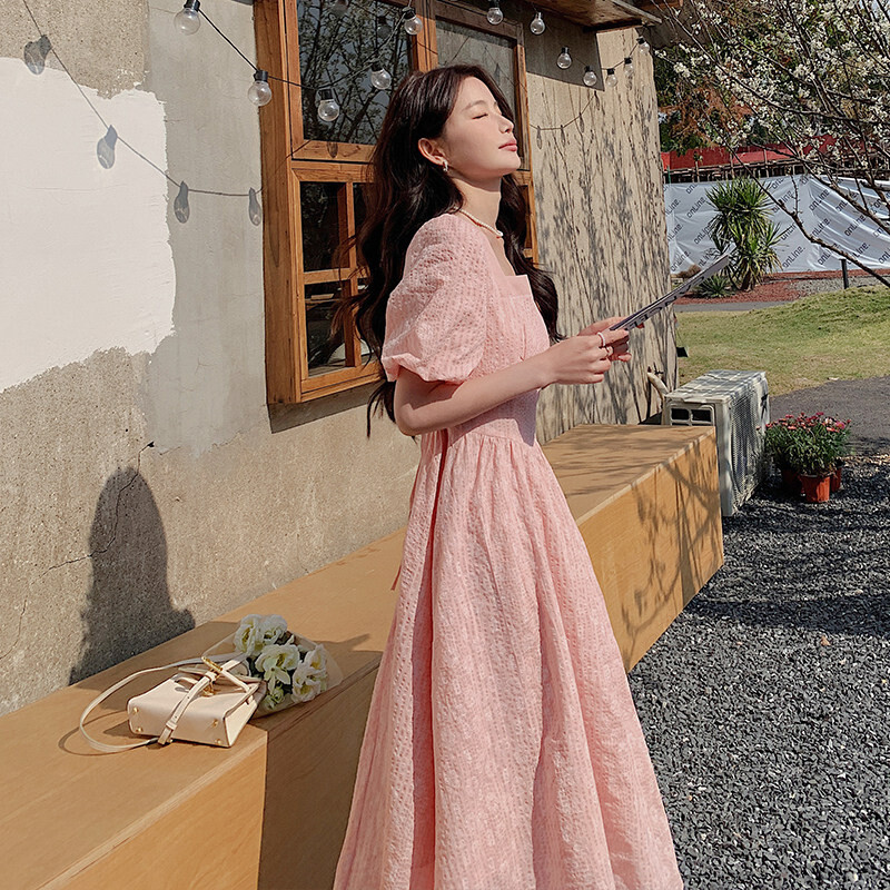 夏季聚酯纤维优雅H版型女士短袖时尚2026夏装新款粉色连衣裙女