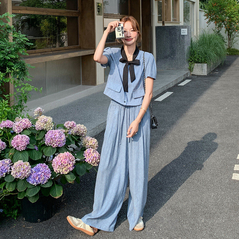 撞优质精品甩卖蓝色结小香风套装新款女初夏法式感大方得体两件套
