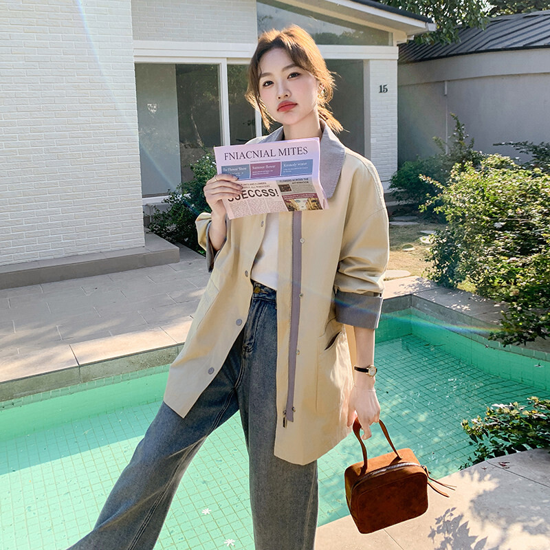 黄色长款大衣短款风衣外套女宽松春季新款小个子时尚百搭休闲上衣