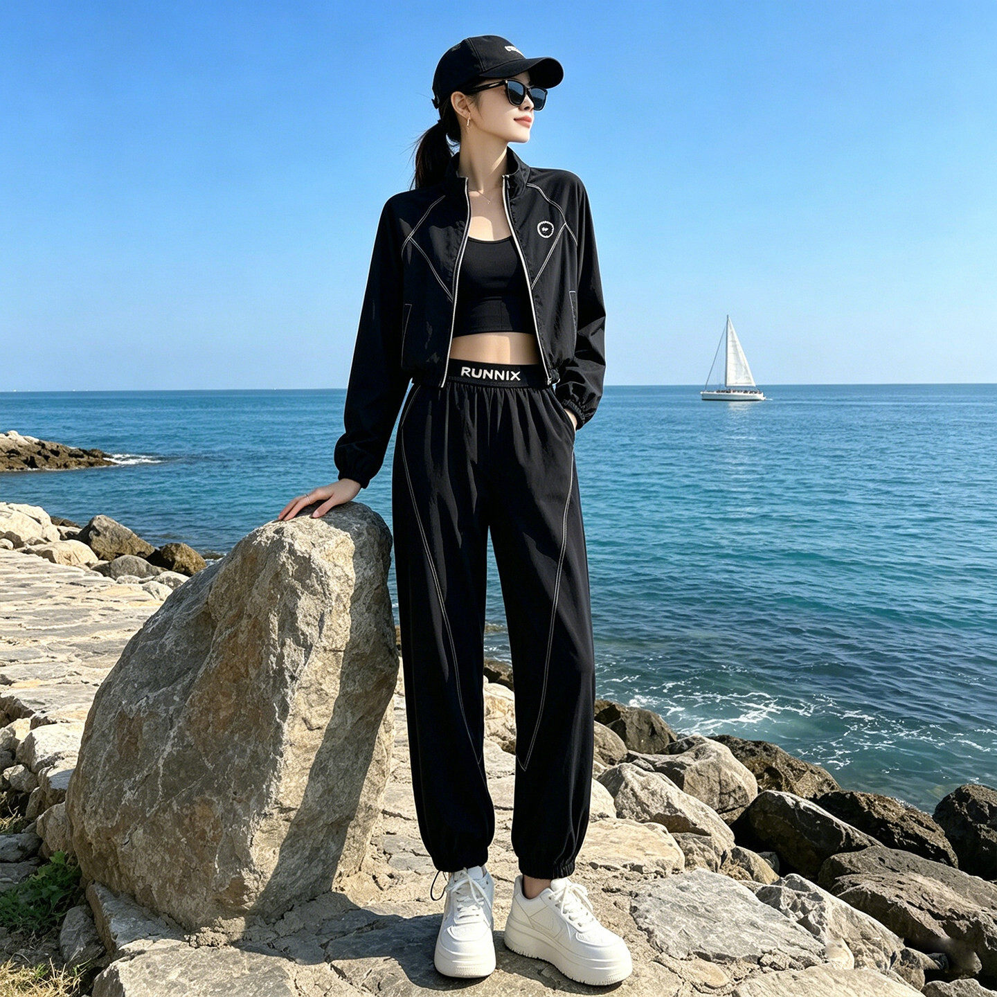 时尚休闲运动套装女春秋新款短款拉链连帽开衫外套束脚长裤两件套