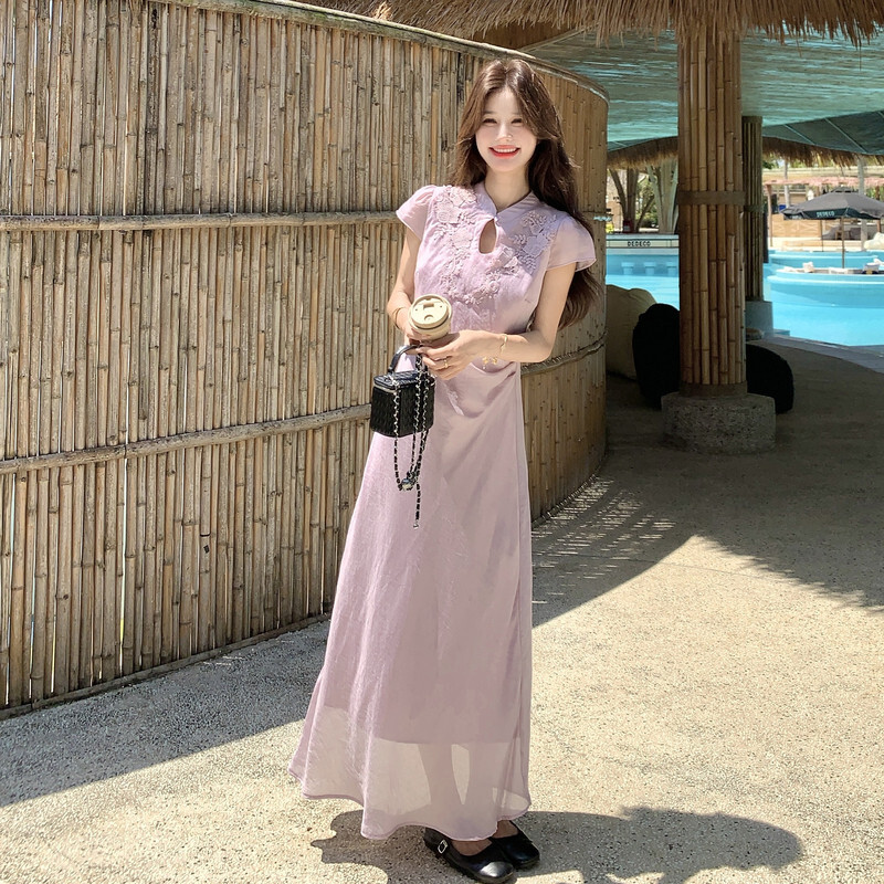紫色优质新中式复古轻奢名媛风连衣裙女夏季新款国风改良旗袍裙