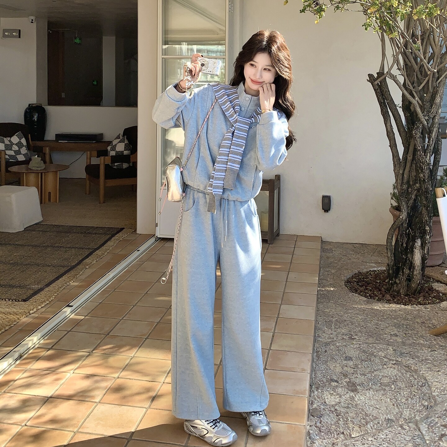时尚优质洋气时髦套装女春季新款松弛感条纹披肩卫衣阔腿裤两件套