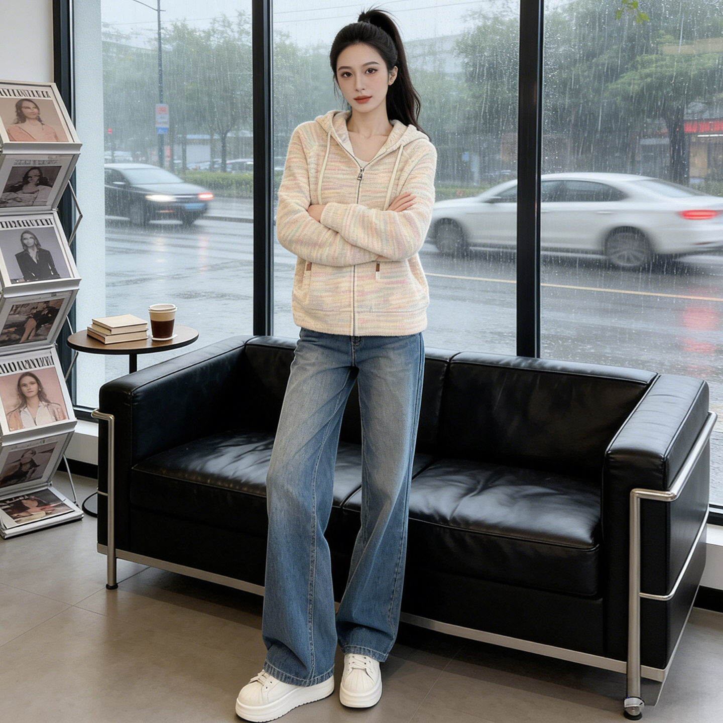 时尚休闲运动套装春女刺绣翻领套头上衣阔腿牛仔裤两件套洋气减龄