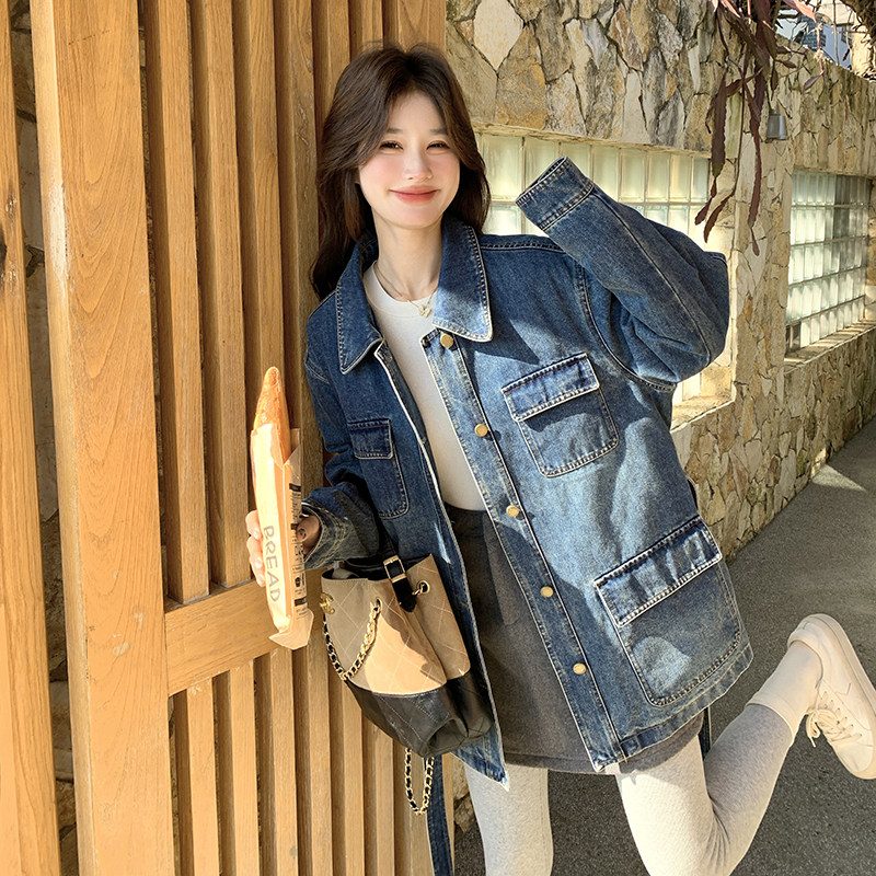 新品工装风翻领绑带蓝色牛仔外套女春季新款宽松显瘦气质上衣